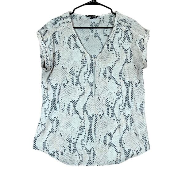 Express Tops - Express Womens Blouse Cream Gray Snakeskin V Neck Zip Front Cap Short Sleeve L